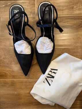 Zara Black Pointed Slingback Heels with Ankle Strap